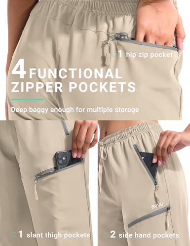 BVVU Women's Cargo Capris Hiking Pants Lightweight Quick Dry Joggers Outdoor Waterproof Workout Pants with Pockets Khaki - Image 2