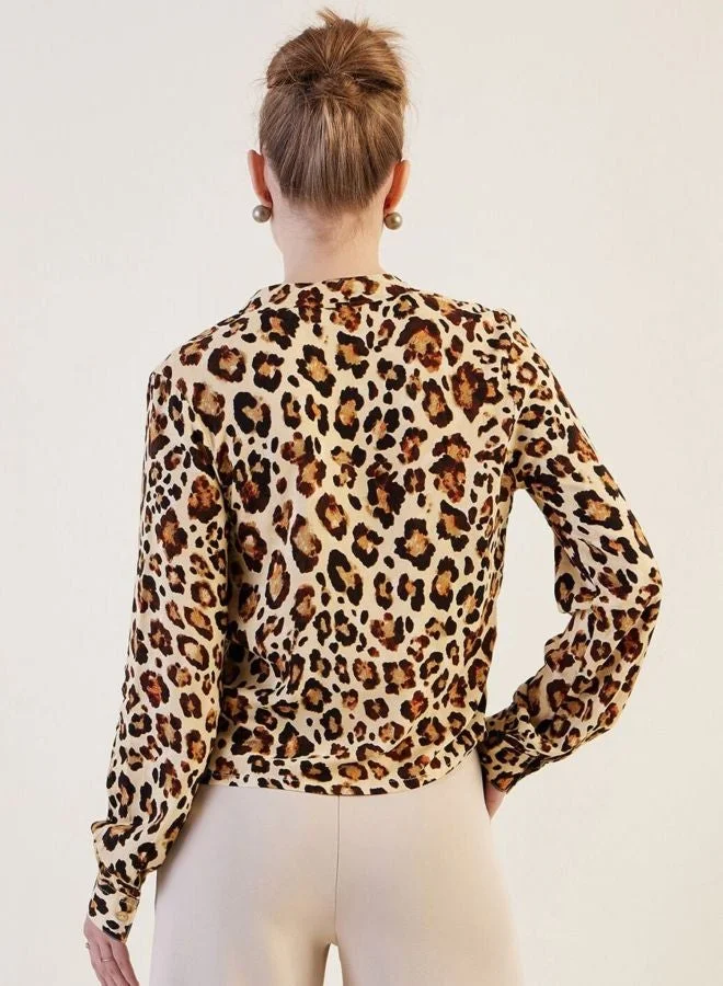 Freehand  Women Regular Fit Animal Printed Cowl Neck Long Sleeve Draped Top  | Best Price UAE