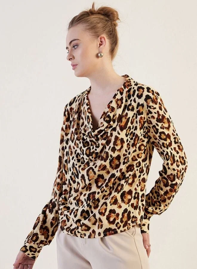 Freehand  Women Regular Fit Animal Printed Cowl Neck Long Sleeve Draped Top  | Best Price UAE