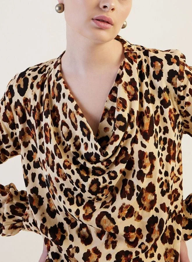 Freehand  Women Regular Fit Animal Printed Cowl Neck Long Sleeve Draped Top  | Best Price UAE