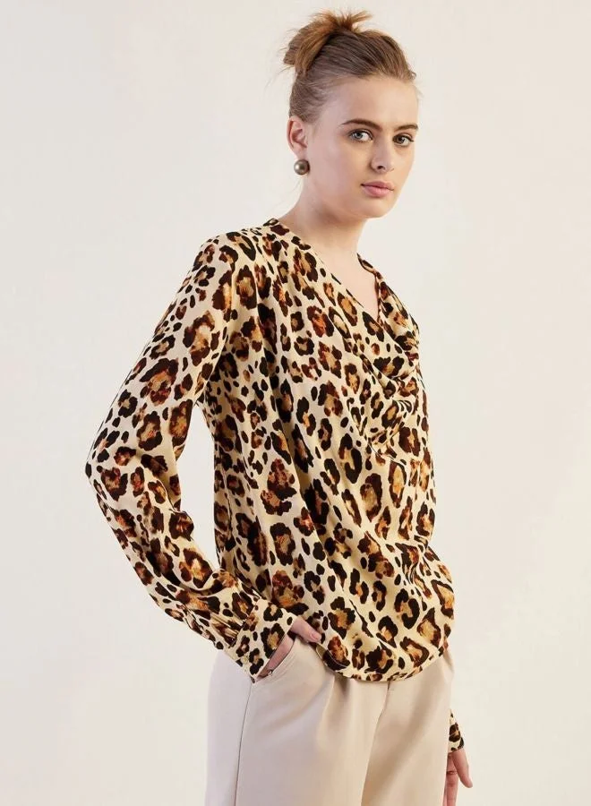 Women Regular Fit Animal Printed Cowl Neck Long Sleeve Draped Top