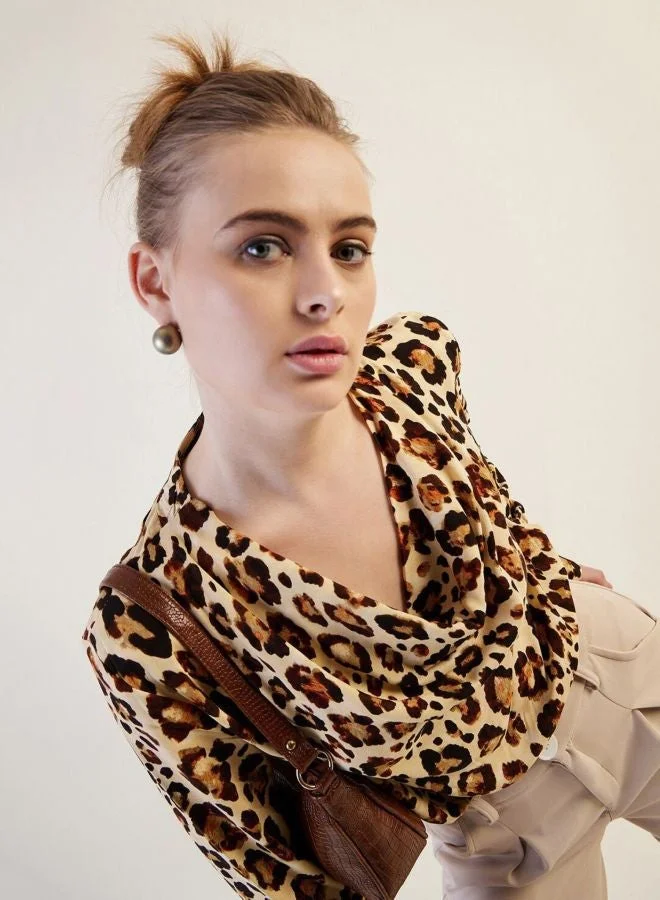 Freehand  Women Regular Fit Animal Printed Cowl Neck Long Sleeve Draped Top  | Best Price UAE