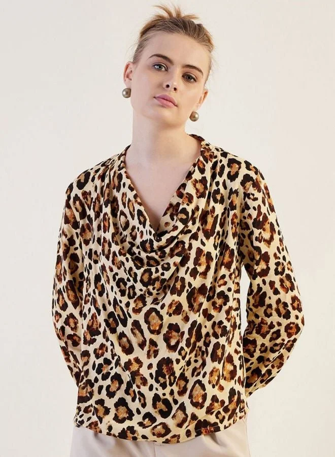 Freehand  Women Regular Fit Animal Printed Cowl Neck Long Sleeve Draped Top  | Best Price UAE