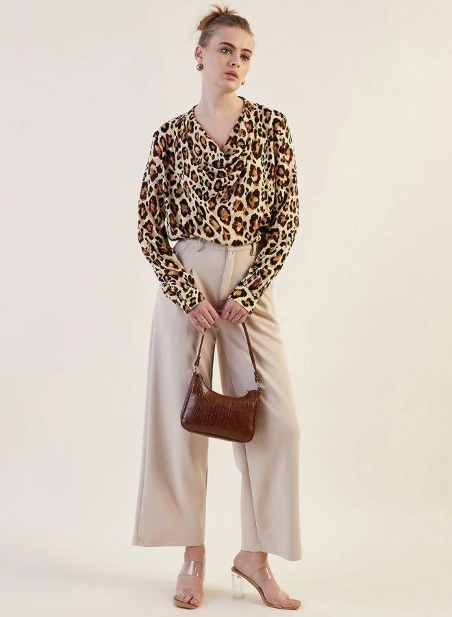 Freehand  Women Regular Fit Animal Printed Cowl Neck Long Sleeve Draped Top  | Best Price UAE