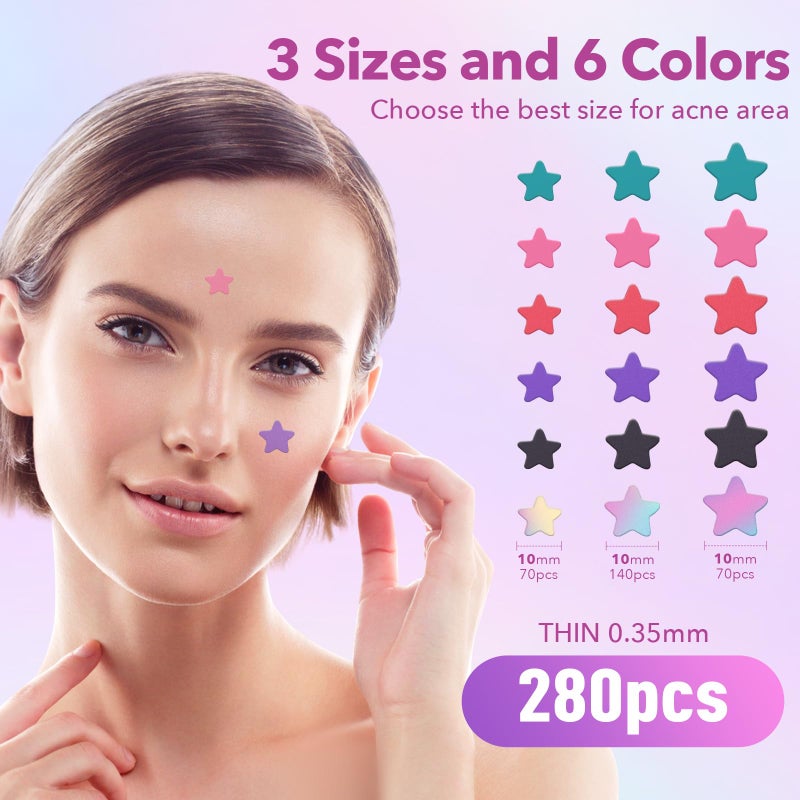 QUSTERE Pimple Patches for Face, Hydrocolloid Acne Patches, Cute Star Zit Covers for Face, Colorful Spot Stickers with Tea Tree, Salicylic Acid & Cica Oil| 3 Sizes (10mm, 12mm & 14mm) |280 Count - Image 2