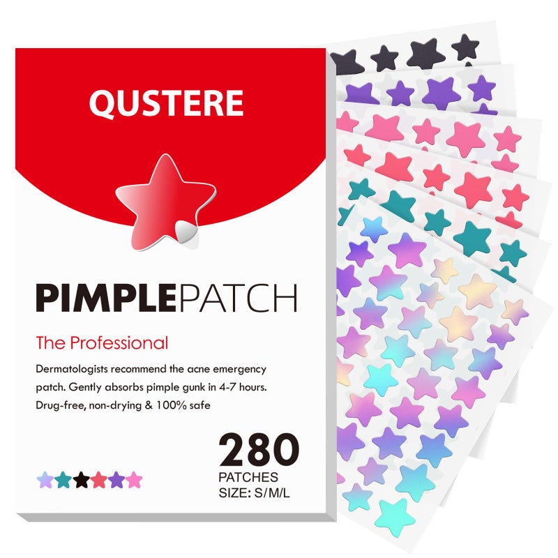 QUSTERE Pimple Patches for Face, Hydrocolloid Acne Patches, Cute Star Zit Covers for Face, Colorful Spot Stickers with Tea Tree, Salicylic Acid & Cica Oil| 3 Sizes (10mm, 12mm & 14mm) |280 Count - Image 1