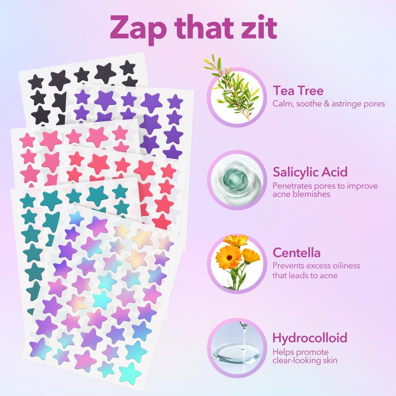 QUSTERE Pimple Patches for Face, Hydrocolloid Acne Patches, Cute Star Zit Covers for Face, Colorful Spot Stickers with Tea Tree, Salicylic Acid & Cica Oil| 3 Sizes (10mm, 12mm & 14mm) |280 Count - Image 3