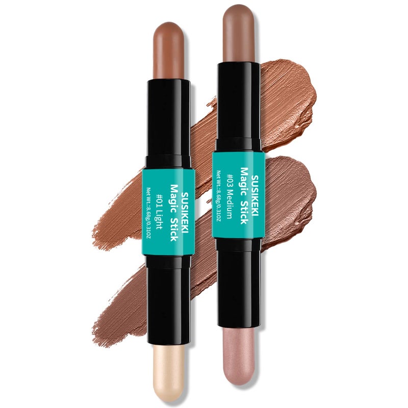 SUSIKEKI Contour Stick, 2Pcs Dual-Ended Highlighter Makeup Pen & Contouring Stick for Face Shaping, Long Lasting Waterproof Cream Bronzer & Highlight Sticks Make Up Kit for All Skin Tones(01# + 03#) - Image 1