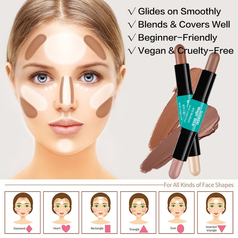 SUSIKEKI Contour Stick, 2Pcs Dual-Ended Highlighter Makeup Pen & Contouring Stick for Face Shaping, Long Lasting Waterproof Cream Bronzer & Highlight Sticks Make Up Kit for All Skin Tones(01# + 03#) - Image 4