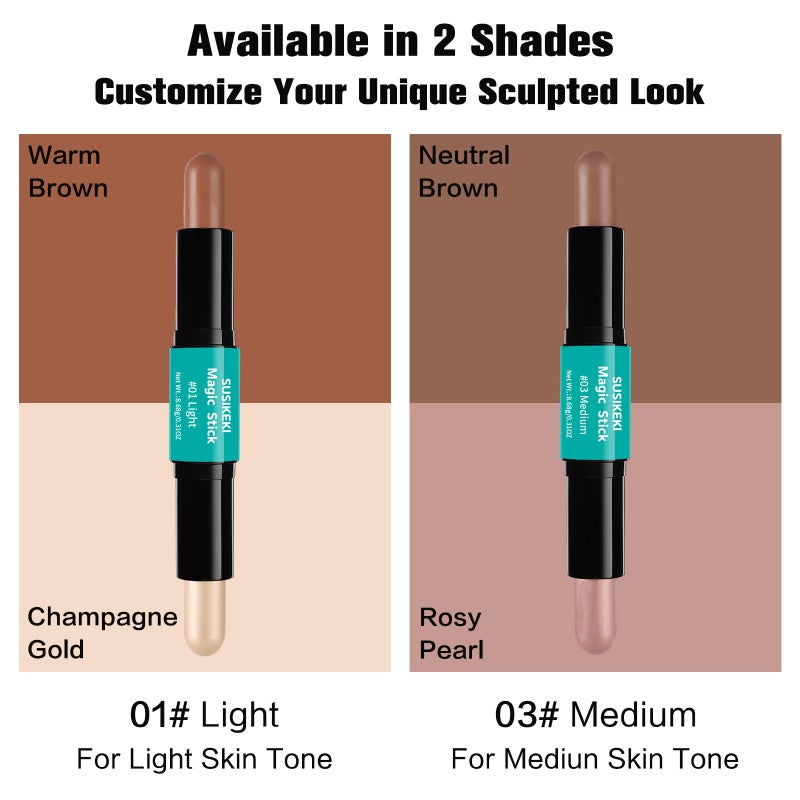 SUSIKEKI Contour Stick, 2Pcs Dual-Ended Highlighter Makeup Pen & Contouring Stick for Face Shaping, Long Lasting Waterproof Cream Bronzer & Highlight Sticks Make Up Kit for All Skin Tones(01# + 03#) - Image 3