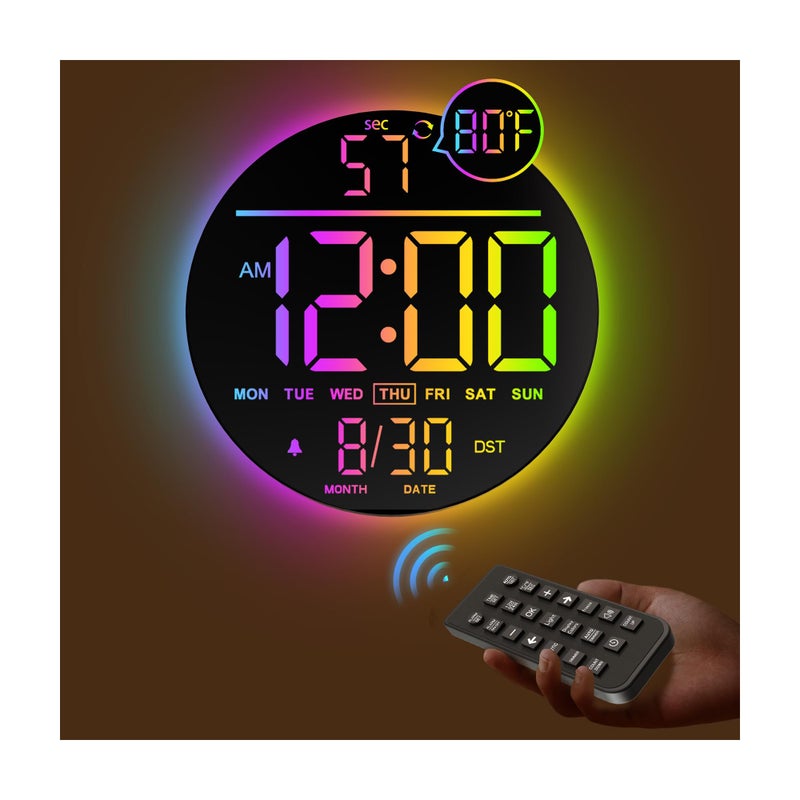 ساعة حائط رقمية كبيرة JALL 10 مع مؤقت عد تنازلي للثواني عرض LED كبير ألوان RGB ضبط التوقيت الصيفي درجة الحرارة مثبتة لغرفة النوم غرفة المعيشة المكتب الفصل الرياضي هدية عيد الميلاد عيد الميلاد