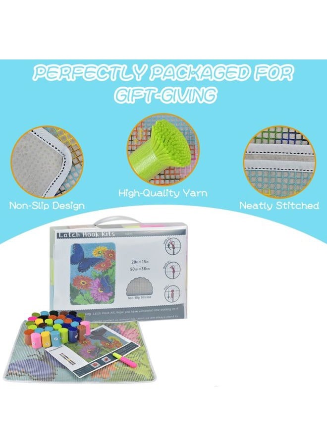 Yjunue Butterfly Floral Latch Hook Kits for Adults, DIY Crochet Yarn Rugs Hooking Craft Kit with Color Preprinted Pattern Design for Kids Adults and Beginners(Butterfly, 20 x 15in) - Image 2