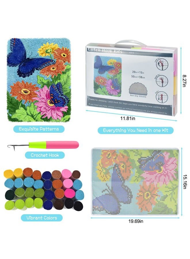 Yjunue Butterfly Floral Latch Hook Kits for Adults, DIY Crochet Yarn Rugs Hooking Craft Kit with Color Preprinted Pattern Design for Kids Adults and Beginners(Butterfly, 20 x 15in) - Image 4