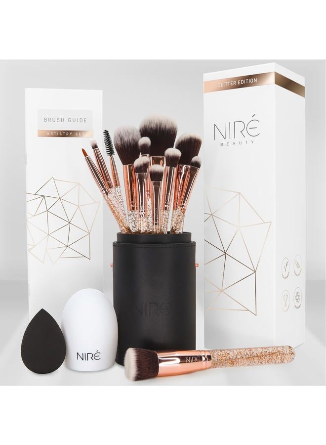 Niré Beauty 15piece Award Winning Glitter Makeup Brushes: Cute Makeup Brushes Set with Case, Beauty Blender, Cleaner, Guide, Gift Box - Image 1