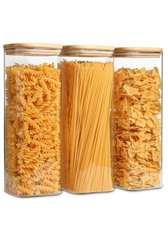 3-PIECE SET OF SQUARE GLASS STORAGE JARS WITH WOODEN LIDS, 2150ML/73OZ AIRTIGHT FOOD CONTAINERS, PRESERVATION JARS & STORAGE BOXES FOR PASTA, FLOUR, GRAINS, SPICES, TEA, COFFEE BEANS, & OTHER KITCHEN STAPLES - PERFECT FOR LONG-TERM FOOD PRESERVATION & ORGANIZATION