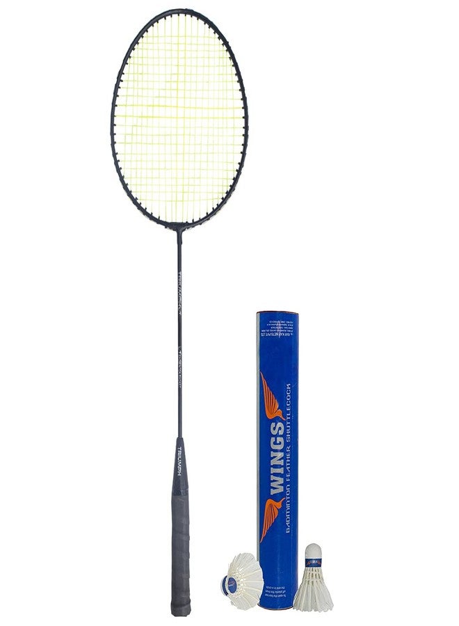 ترايامف مضرب تنس الريشة من تريومف، وكرة تنس الريشة، ومضرب تنس الريشة تريومف أسود اللون قطعة واحدة مع 10 قطع من كرات تنس الريش تريومف وينجز وغطاء كامل للمضرب - Image 1