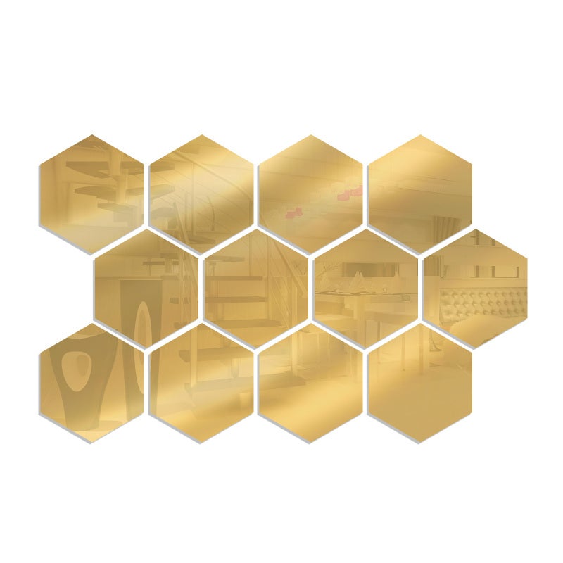 Hexagon Mirror Wall Decals: 12PCS Gold 10cm Side - Scratch Resistant Protective Film Removable Mirror Sticker for Home Living Room Office Gym Hallway Porch - Image 1