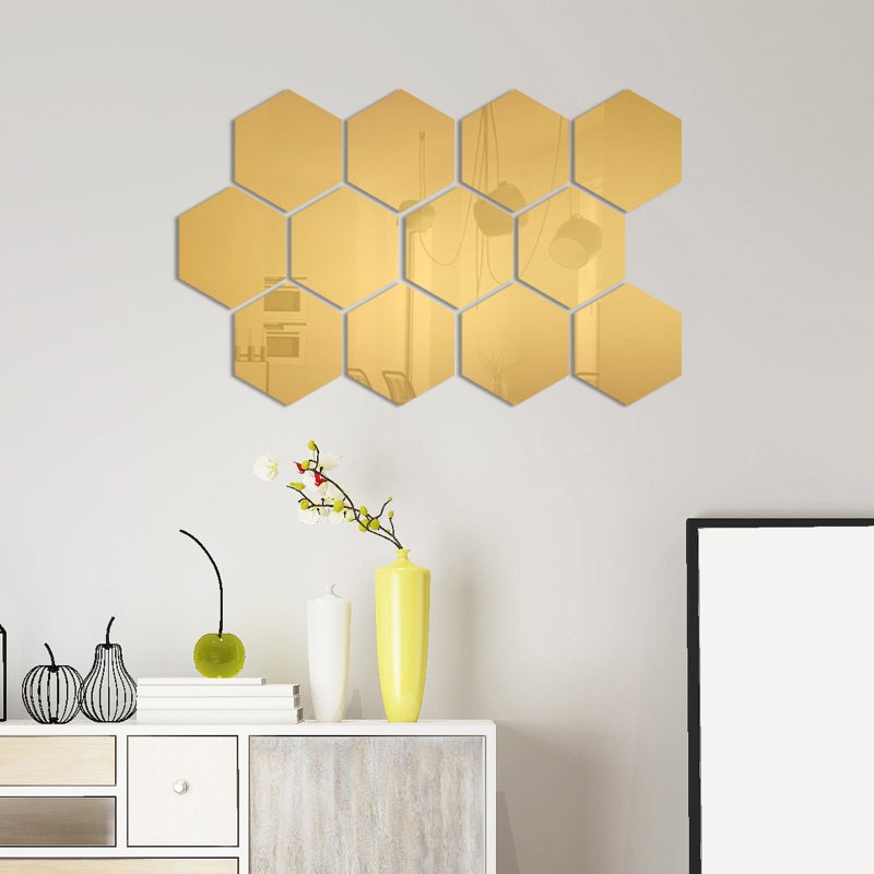 Hexagon Mirror Wall Decals: 12PCS Gold 10cm Side - Scratch Resistant Protective Film Removable Mirror Sticker for Home Living Room Office Gym Hallway Porch - Image 4