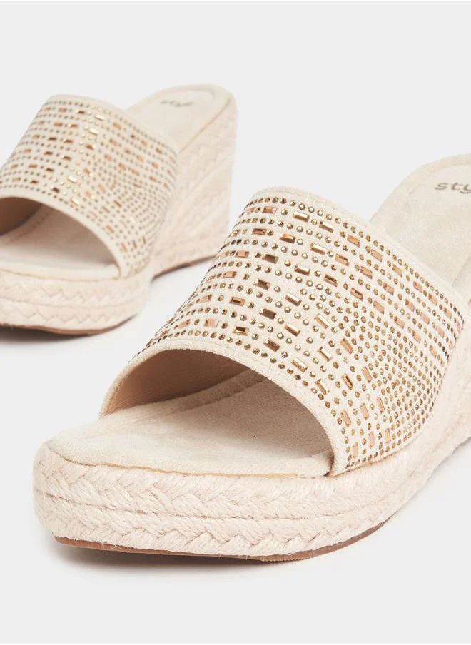 Styli Embellished Strap Espadrille Wedge Sandals