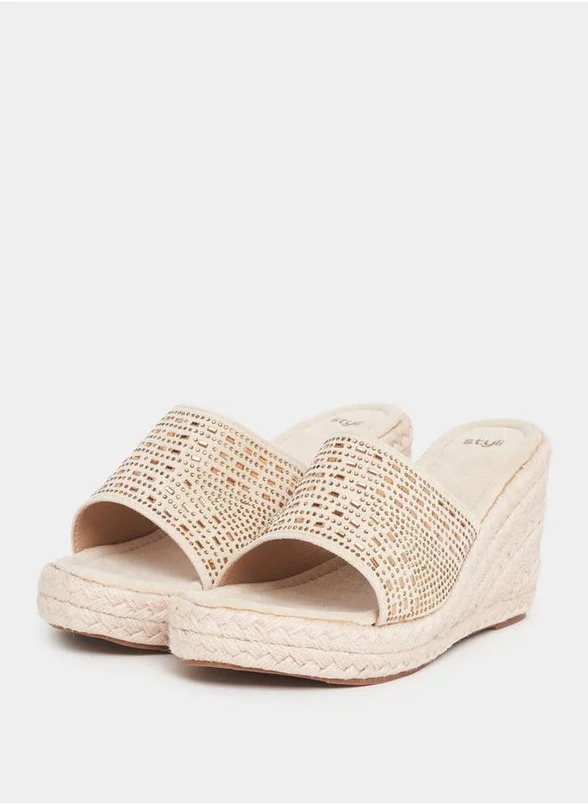 Styli Embellished Strap Espadrille Wedge Sandals
