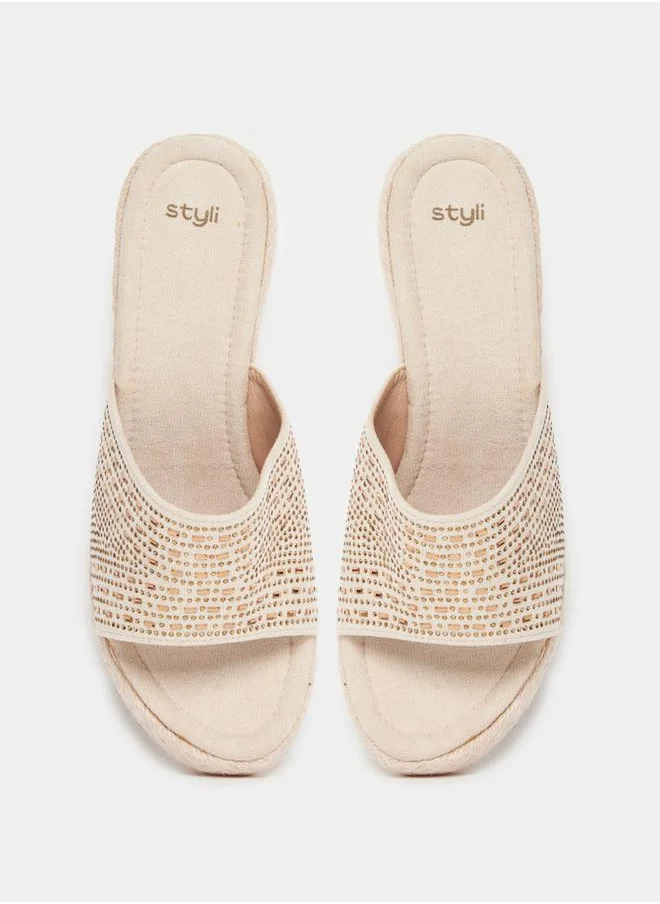 Styli Embellished Strap Espadrille Wedge Sandals