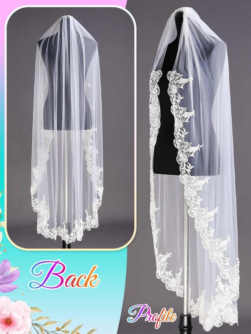 Latious Lace Wedding Veils White 1 Tier Floral Bridal Veil Long Tulle Veils with Comb for Brides and Women (White) - Image 2