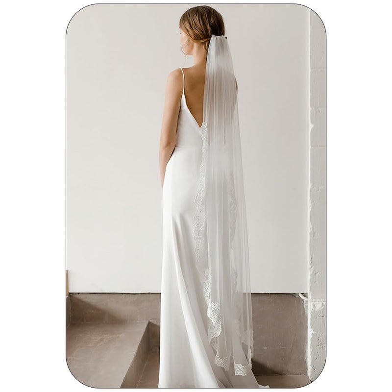 Latious Lace Wedding Veils White 1 Tier Floral Bridal Veil Long Tulle Veils with Comb for Brides and Women (White) - Image 1