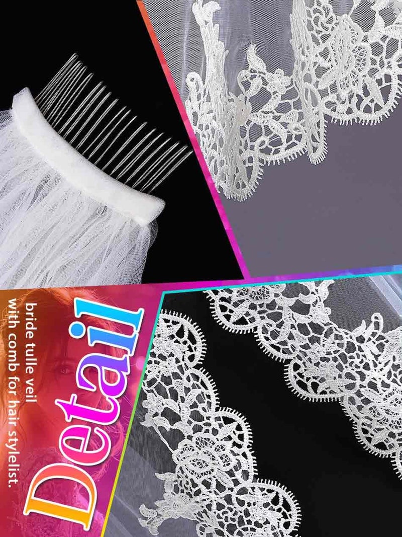 Latious Lace Wedding Veils White 1 Tier Floral Bridal Veil Long Tulle Veils with Comb for Brides and Women (White) - Image 4