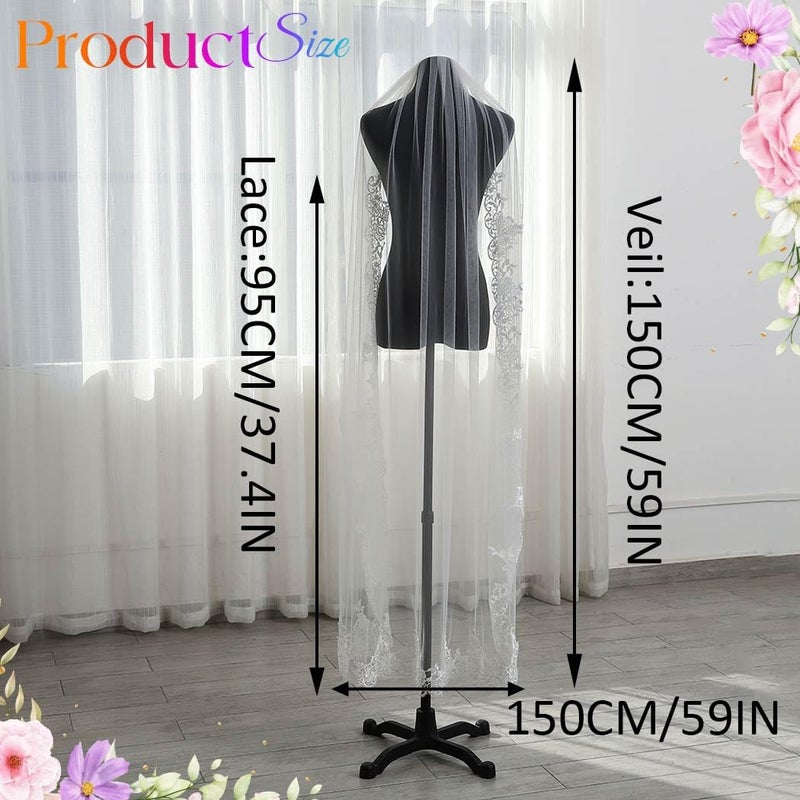 Latious Lace Wedding Veils White 1 Tier Floral Bridal Veil Long Tulle Veils with Comb for Brides and Women (White) - Image 3