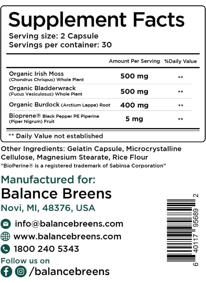 Balancebreens - Balancebreens Organic Irish Sea Moss Capsules - 60 Pure SeaMoss, Bladderwrack & Burdock Root Supplement, Immune Booster, Digestive Gut Health, Healthy Skin Detox and Joints Support - Image 1