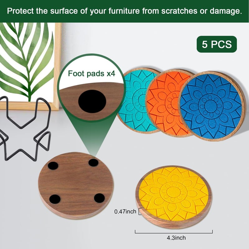 EDEGG Coasters for Drinks Absorbent 5 Pack, Coasters for Coffee Table with Holder, Wood Coasters with Felt Pads, Non-Slip, Non-Stick, Suit for Kinds of Cups 4.3 inch (Colorful) - Image 5