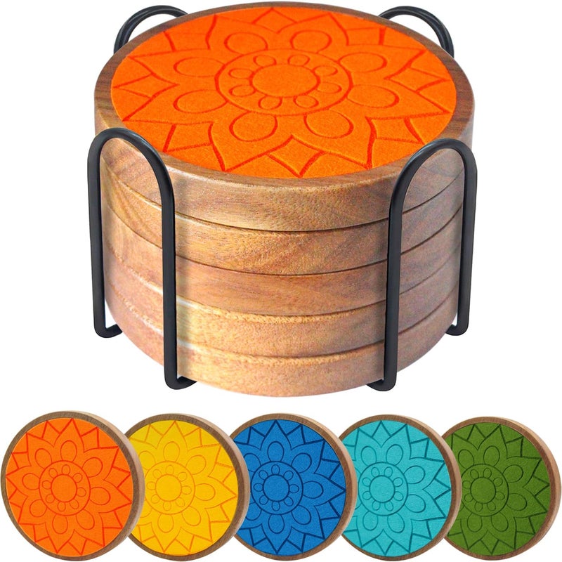 EDEGG Coasters for Drinks Absorbent 5 Pack, Coasters for Coffee Table with Holder, Wood Coasters with Felt Pads, Non-Slip, Non-Stick, Suit for Kinds of Cups 4.3 inch (Colorful) - Image 1