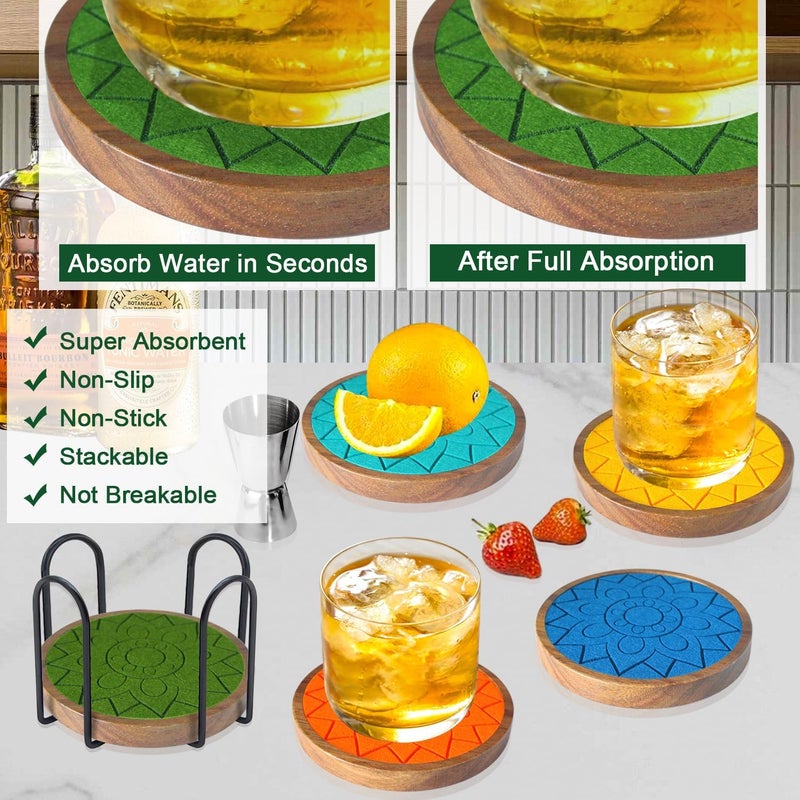 EDEGG Coasters for Drinks Absorbent 5 Pack, Coasters for Coffee Table with Holder, Wood Coasters with Felt Pads, Non-Slip, Non-Stick, Suit for Kinds of Cups 4.3 inch (Colorful) - Image 2