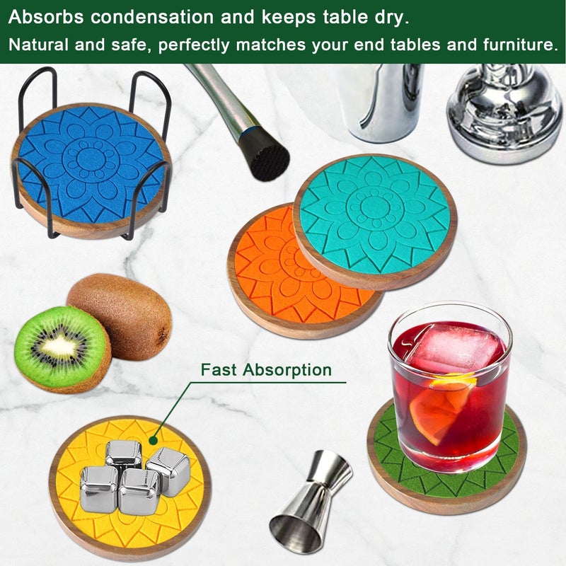 EDEGG Coasters for Drinks Absorbent 5 Pack, Coasters for Coffee Table with Holder, Wood Coasters with Felt Pads, Non-Slip, Non-Stick, Suit for Kinds of Cups 4.3 inch (Colorful) - Image 3