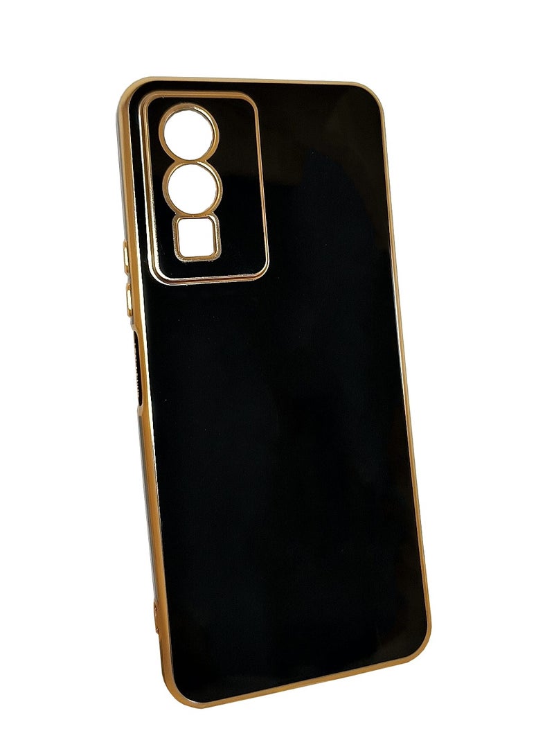 VIVO Y76 5G أسود الهاتف الخليوي قذيفة ، ديلوكس مطلي الغطاء الخلفي لينة ، محدب كاميرا حماية كاملة