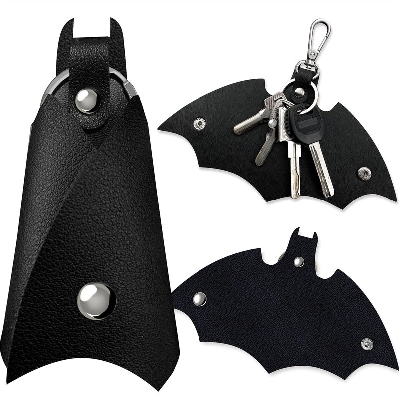 GABOX Black Bat Leather Keychain Car Key Fob EDC Key Chain Case Accessories with Key Ring Clip, Snap Closure, for Men Women Boyfriend Gifts - Image 1