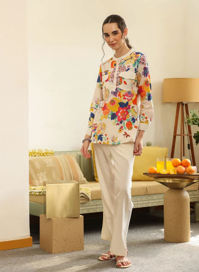 sanskrutihomes White Tropical Print Cotton Shirt and Pants Co-ord Set