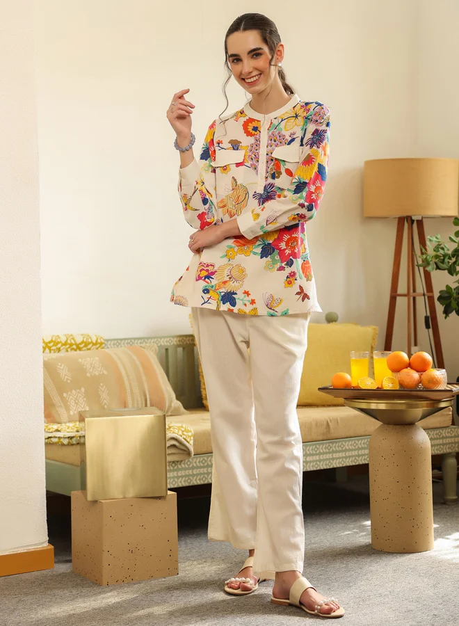 sanskrutihomes White Tropical Print Cotton Shirt and Pants Co-ord Set
