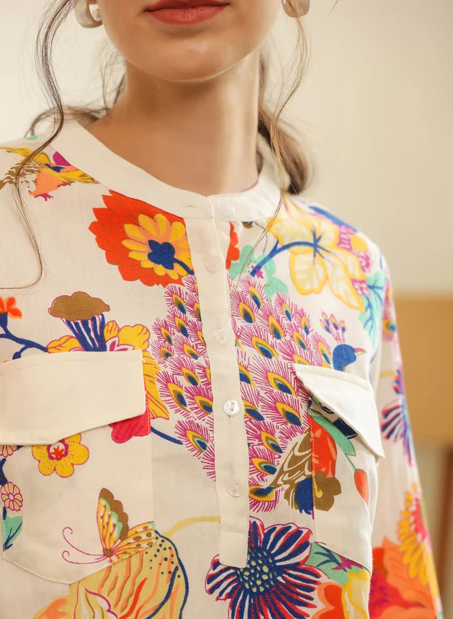 Sanskrutihomes  White Tropical Print Cotton Shirt and Pants Co-ord Set for Women | Best Price UAE