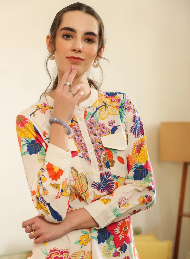 Sanskrutihomes  White Tropical Print Cotton Shirt and Pants Co-ord Set for Women | Best Price UAE