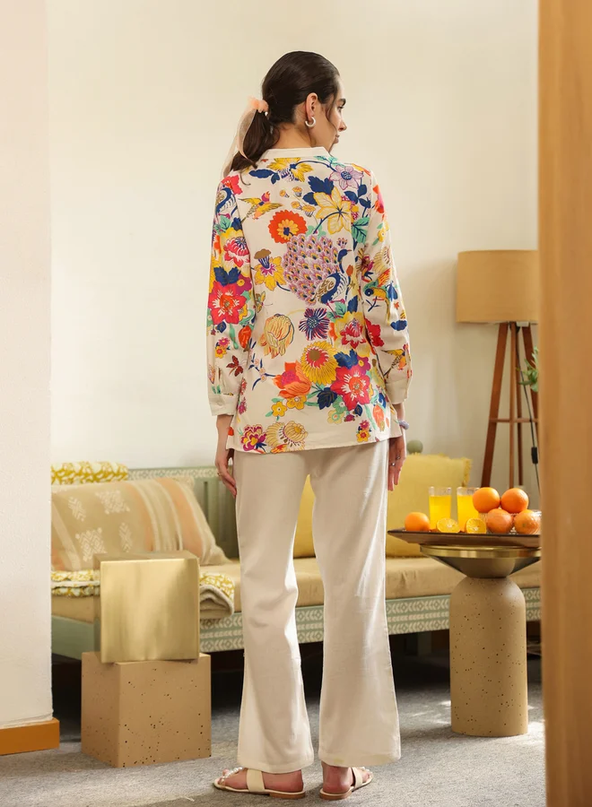 Sanskrutihomes  White Tropical Print Cotton Shirt and Pants Co-ord Set for Women | Best Price UAE