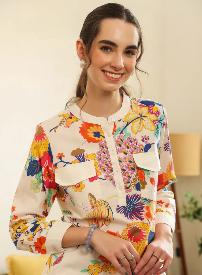 Sanskrutihomes  White Tropical Print Cotton Shirt and Pants Co-ord Set for Women | Best Price UAE