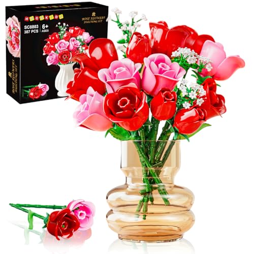 HOGOKIDS Flowers Bouquet Building Set with Lights 16 Roses Bouquet Botanical Building Blocks Artificial Red Roses Flower for Home Decor Birthday Valentines Gifts for Adults Girl 387PCS Pink - Image 1