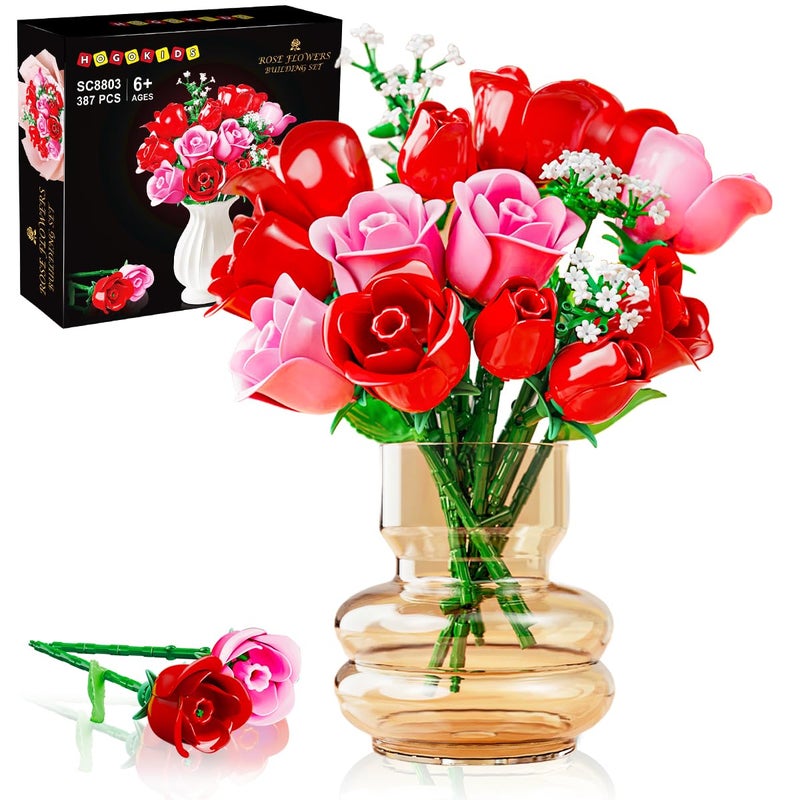 HOGOKIDS Flowers Bouquet Building Set with Lights 16 Roses Bouquet Botanical Building Blocks Artificial Red Roses Flower for Home Decor Birthday Valentines Gifts for Adults Girl 387PCS Pink - Image 2