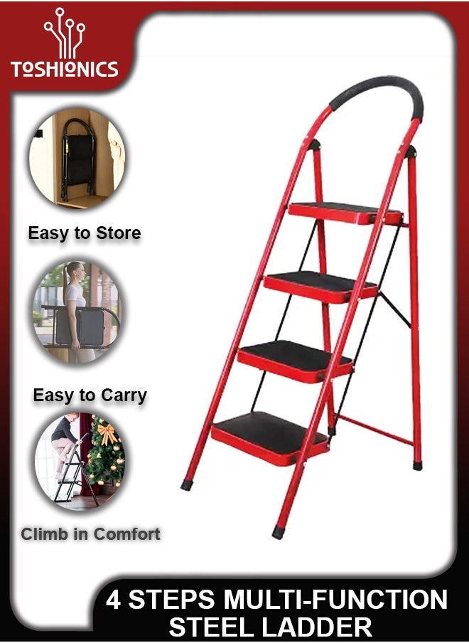 Toshionics Household Folding Multi-Function 4 Steps Telescopic Portable  Step Steel Ladder Stool Chair with Wide Anti Slip Pedalfor Adults Home Kitchen Garden Office Warehouse  - Image 1