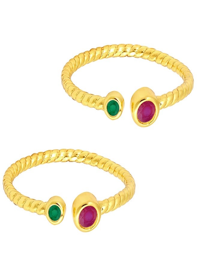 Peora Gold Plated Rani Pink Green Cubic Zirconia Studded Fancy Toe Ring Adjustable Bichiya Fashion Stylish Jewellery for Women - Image 4