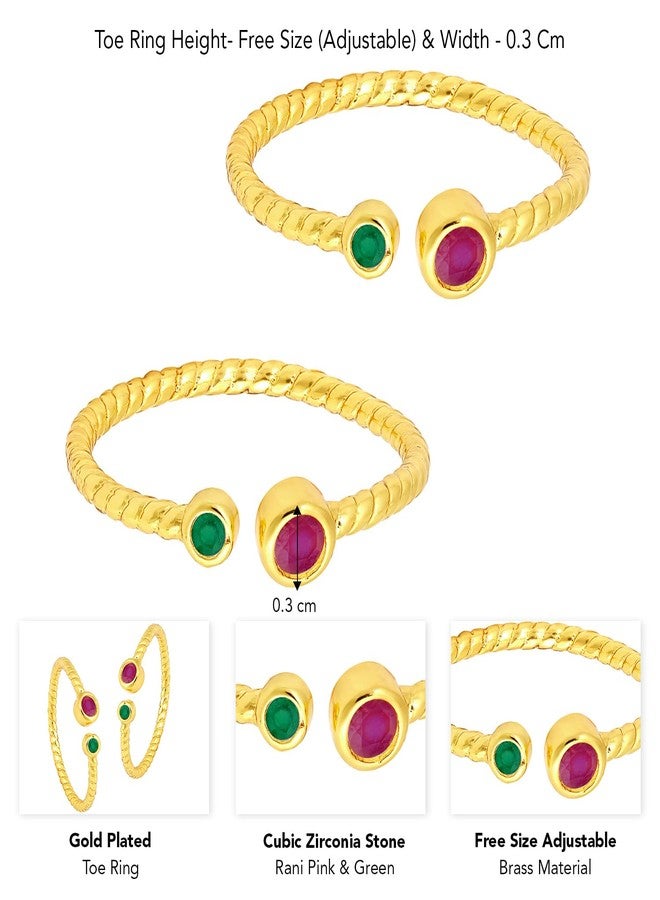 Peora Gold Plated Rani Pink Green Cubic Zirconia Studded Fancy Toe Ring Adjustable Bichiya Fashion Stylish Jewellery for Women - Image 5