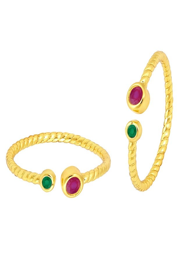 Peora Gold Plated Rani Pink Green Cubic Zirconia Studded Fancy Toe Ring Adjustable Bichiya Fashion Stylish Jewellery for Women - Image 3