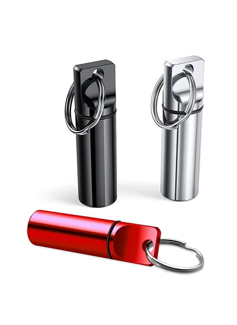 Generic Small Portable Pill Box Keychain 3 Pack Aluminum Alloy Mini Pill Organizer Case Container for Purse Waterproof Metal Pill Holder Medicine Bottle for Outdoor Camping Travel (Black+Silver+Red)  - Image 1