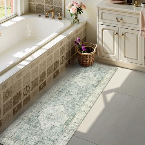 LIVEBOX Washable 2x6 Runner Rug for Bathroom, Non Slip Kitchen Mats for Floor Entryway, Boho Indoor Front Door Mat Low-Pile Runners for Hallways, Farmhouse Rugs for Laundry, Sage Green - Image 3